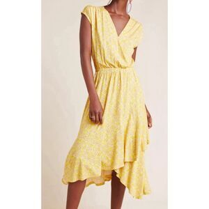 Anthropologie Maeve Yellow Fete Faux Wrap Dress, Size S, NWT